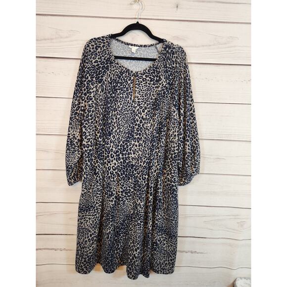 Cato Dresses & Skirts - Cato Women's Beige Black Animal Print Long Sleeve Round‎ Neck Midi Dress 22/24W